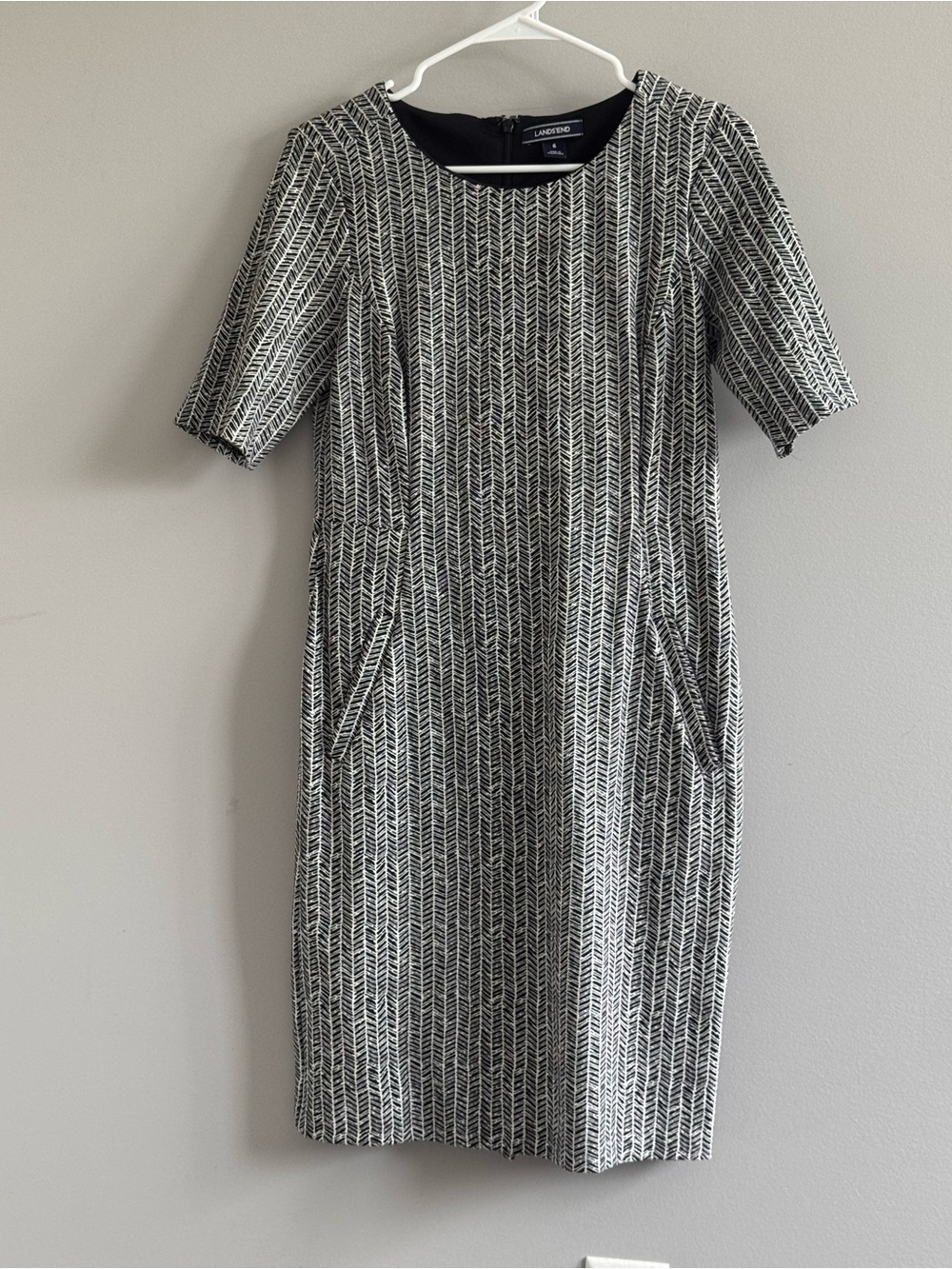 Lands' End Sheath Dress Size 6 Black White Herringbone Print Pockets